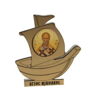 Άγιος Νικόλαος σε καράβι στρογγυλή εικόνα εκτυπωμένη σε λευκό plexiglass επιτραπέζιο διακοσμητικό 92x90x0.8mm
