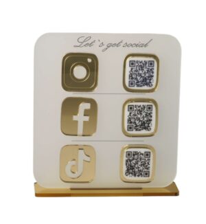 Επιτραπέζιο Stand με QR Code Social Media της επιχείρησης σας σε λευκό πάγου και χρυσό μεταλλικό χρώμα  plexiglass 127x120mm