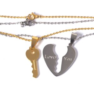 2 Κολιέ για ζευγάρι με με καρδιά "Love You" & κλειδί "I" ασημί & χρυσό με αλυσίδες 1.5mm μήκους 48cm