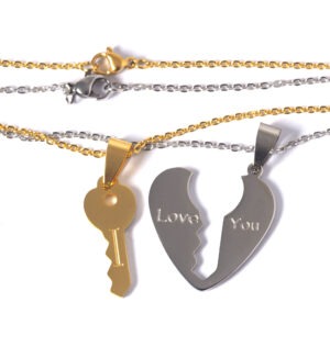 2 Κολιέ για ζευγάρι με με καρδιά "Love You" & κλειδί "I" ασημί & χρυσό με αλυσίδες 1.5mm μήκους 48cm