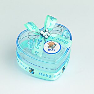 Μπιζουτιέρα-Μπομπονιέρα Baby Boy κορδέλα  με καρδιά γαλάζιο ημιδιάφανο ακρυλικό κουτί 8x8x5cm