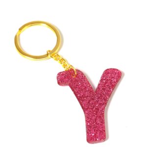 Μπρελόκ έτοιμο Μονόγραμμα ρόζ Glitter plexiglass ύψους 50mm και κρίκο μεταλλικό με αλυσίδα 30mm