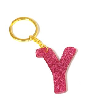 Μπρελόκ έτοιμο Μονόγραμμα ρόζ Glitter plexiglass ύψους 50mm και κρίκο μεταλλικό με αλυσίδα 30mm