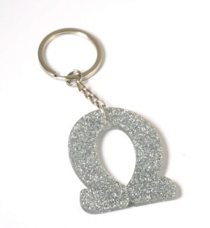 Μπρελόκ έτοιμο Μονόγραμμα Ασημί Glitter plexiglass ύψους 50mm και κρίκο μεταλλικό με αλυσίδα 30mm