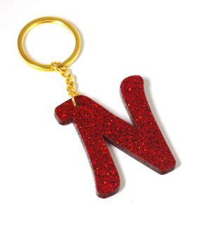 Μπρελόκ έτοιμο Μονόγραμμα Κόκκινο Glitter plexiglass ύψους 50mm και κρίκο μεταλλικό με αλυσίδα 30mm