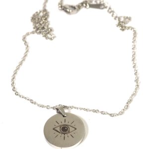 Κολιέ Evil Eye σε δίσκο ασημί ατσάλι 20mm & αλυσίδα cross 1.5mm μήκους 45cm
