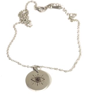 Κολιέ Evil Eye σε δίσκο ασημί ατσάλι 20mm & αλυσίδα cross 1.5mm μήκους 45cm