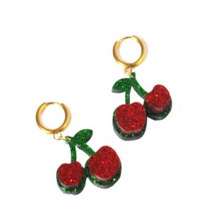 Σκουλαρίκια με Κεράσια Sparkle plexiglass 22x25mm και κρίκο χρυσό ατσάλι 14mm
