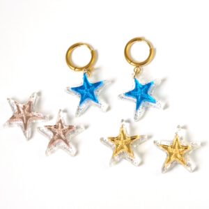 Σκουλαρίκια με Αστερία glitter & mirror  plexiglass 21x21mm και κρίκο χρυσό ατσάλι 14mm