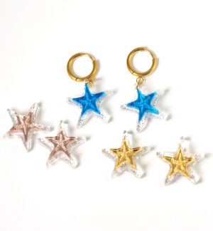 Σκουλαρίκια με Αστερία glitter & mirror  plexiglass 21x21mm και κρίκο χρυσό ατσάλι 14mm