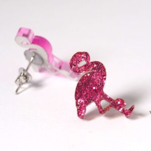 Σκουλαρίκια Φλαμίγκο φούξια glitter plexiglass 20x14mm καρφωτά ασημί μεταλλικά ατσάλι