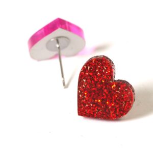 Σκουλαρίκια Καρδιές κόκκινες glitter plexiglass 13x15mm καρφωτά ασημί μεταλλικά ατσάλι