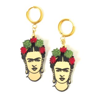 Σκουλαρίκια με Frida Khalo πολύχρωμο plexiglass 34x20mm και κρίκο χρυσό ατσάλι 14mm/σετ