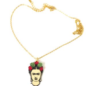 Κολιέ Frida Khalo πολύχρωμο 34x20mm σε cross πλακέ χρυσή αλυσίδα ατσάλι 1.5mm μήκους 39cm και επέκταση 5cm