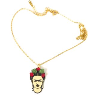 Κολιέ Frida Khalo πολύχρωμο 34x20mm σε cross πλακέ χρυσή αλυσίδα ατσάλι 1.5mm μήκους 39cm και επέκταση 5cm