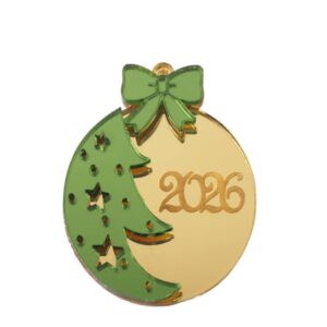 2026 Γούρι Μπάλα με Χριστουγεννιάτικό δέντρο διάτρητο & φιόγκο χρυσό και λαδί μεταλλικό χρώμα plexiglass κρεμαστό 47x40mm