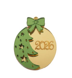 2026 Γούρι Μπάλα με Χριστουγεννιάτικό δέντρο διάτρητο & φιόγκο χρυσό και λαδί μεταλλικό χρώμα plexiglass κρεμαστό 47x40mm