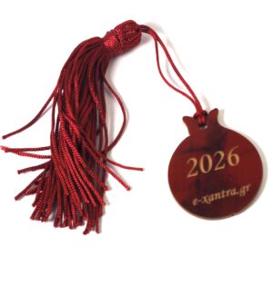 2026 Έτοιμο Γούρι Ρόδι μπορντώ-χρυσό με το λογότυπο της επιλογής σας & φούντα μπορντώ νάυλον plexiglass κρεμαστό 42x34mm/30 τμχ