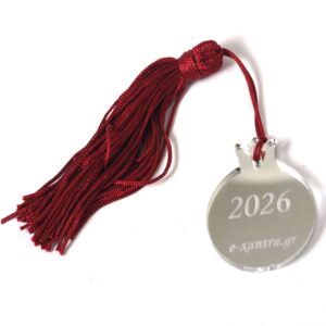 2026 Έτοιμο Γούρι Ρόδι ασημί με το λογότυπο της επιλογής σας & φούντα μπορντώ νάυλον plexiglass κρεμαστό 42x34mm/30 τμχ