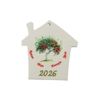 2026 Γούρι Σπιτάκι με δέντρο Ροδιά & ευχές σε λευκό plexiglass κρεμαστό 48x44mm