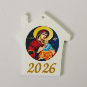 2026 Γούρι Σπιτάκι με την Παναγία σε λευκό plexiglass κρεμαστό 48x44mm