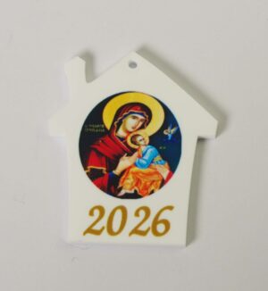 2026 Γούρι Σπιτάκι με την Παναγία σε λευκό plexiglass κρεμαστό 48x44mm
