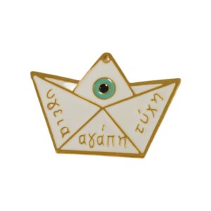 Βαρκούλα με ευχές και ματάκι σε λευκό σμάλτο χρυσό μεταλλικό κρεμαστό 41x58mm