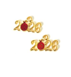 2026 Γούρι μικρό με ρόδι κόκκινο σμάλτο χρυσό μεταλλικό κρεμαστό 12x21mm