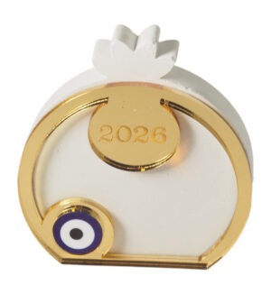 2026 Ρόδι με περίγραμμα και στρογγυλό ματάκι σε λευκό πλακέ κεραμικό επιτραπέζιο διακοσμητικό 72x66x11mm