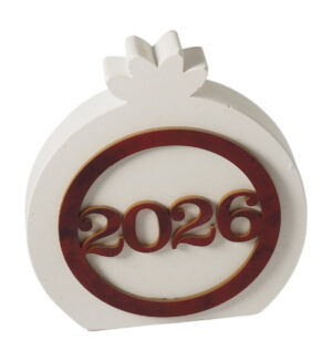 2026 Ρόδι με περίγραμμα στρογγυλό κόκκινο σε λευκό πλακέ κεραμικό επιτραπέζιο διακοσμητικό 72x66x11mm