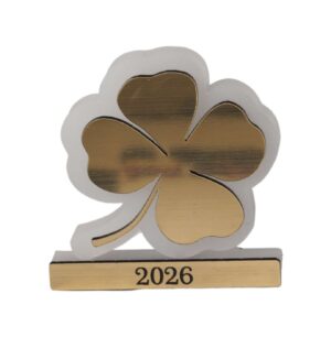 2026 Γούρι Τετράφυλο επιτραπέζιο διακοσμητικό χρυσό-λευκό plexiglass 57x55mm