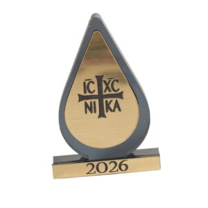 2026 Εταιρικό δώρο Γούρι Σταγόνα Ιησούς Νικά μικρό επιτραπέζιο διακοσμητικό με όνομα της εταιρείας σας χρυσό-μαύρο plexiglass 64x42mm/10 τμχ