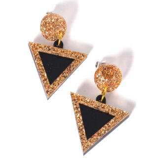 Σκουλαρίκια Triangle & Round Sparkle καρφωτά μαύρο-χρυσό plexiglass με καρφί μεταλλικό ατσάλι 42x30mm
