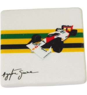 Πρές Παπιέ μονοθέσιο Ayrton Senna σε λευκό μάρμαρο Θάσου 8x8x1cm