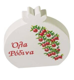 Ρόδι με κλαδιά ρόδια "Όλα Ρόδινα" σε λευκό πλακέ κεραμικό επιτραπέζιο διακοσμητικό 72x66x11mm