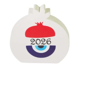 2026 Ρόδι με μισό ρόδι & μάτι σε λευκό πλακέ κεραμικό επιτραπέζιο διακοσμητικό 72x66x11mm
