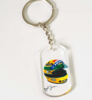 Μπρελόκ ταυτότητα Ayrton Senna κράνος σε διάφανο plexiglass κρεμαστό με ασημί μεταλλικό κρίκο με αλυσίδα μπρελόκ 46x25mm