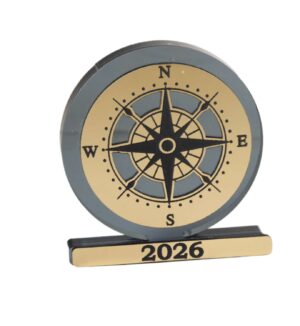 2026 Γούρι Πυξίδα επιτραπέζιο διακοσμητικό χρυσό-μαύρο plexiglass 71x65mm