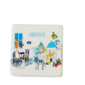 Greece με νησιώτικο θέμα & γαιδουράκι μαγνητάκι μάρμαρο Θάσου λευκό τετράγωνο 5x5x0.7cm