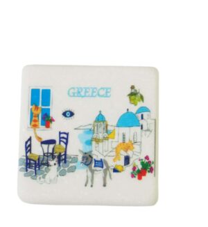 Greece με νησιώτικο θέμα & γαιδουράκι μαγνητάκι μάρμαρο Θάσου λευκό τετράγωνο 5x5x0.7cm