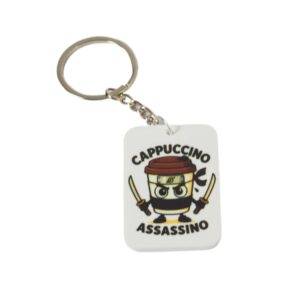 Μπρελόκ Cappuccino Assassino σε λευκό παραλληλόγραμμο plexiglass 50x33mm με κρίκο & αλυσίδα 25mm