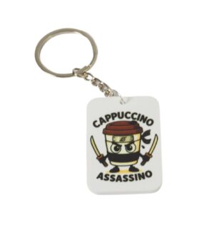 Μπρελόκ Cappuccino Assassino σε λευκό παραλληλόγραμμο plexiglass 50x33mm με κρίκο & αλυσίδα 25mm