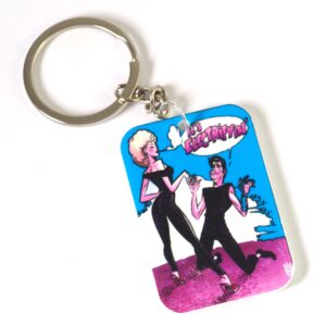 Μπρελόκ Grease it's electrifying σε λευκό παραλληλόγραμμο plexiglass 50x33mm με κρίκο & αλυσίδα 25mm