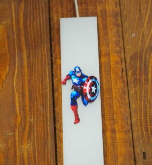 Λαμπάδα με Captain America κερί λευκή φαρδιά παραλληλόγραμμη 30×4.6×1.3cm