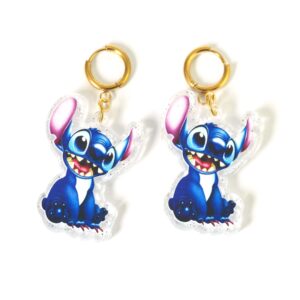Σκουλαρίκια με Stitch σε διάφανο glitter plexiglass κρεμαστό χρυσό μεταλλικό κρίκο ατσάλι 39x29mm /σετ
