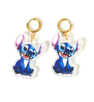 Σκουλαρίκια με Stitch σε διάφανο glitter plexiglass κρεμαστό χρυσό μεταλλικό κρίκο ατσάλι 39x29mm /σετ