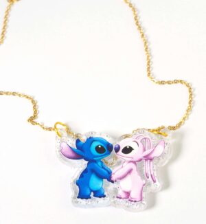 Κολιέ Stitch & Lilo πολύχρωμο σε glitter plexiglass 30x44mm σε cross πλακέ χρυσή αλυσίδα ατσάλι 1.5mm μήκους 39cm και επέκταση 5cm