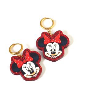 Σκουλαρίκια Minnie πολύχρωμα σε κόκκινο glitter plexiglass 30x30mm και κρίκους χρυσούς ατσάλι
