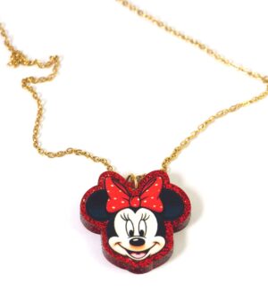 Κολιέ με Minnie πολύχρωμα σε κόκκινο glitter plexiglass 30x30mm σε cross πλακέ χρυσή αλυσίδα ατσάλι 1.5mm μήκους 39cm και επέκταση 5cm