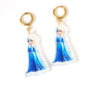 Σκουλαρίκια Έλσα Frozen πολύχρωμη σε διάφανο glitter plexiglass 41x24mm και κρίκους χρυσούς ατσάλι